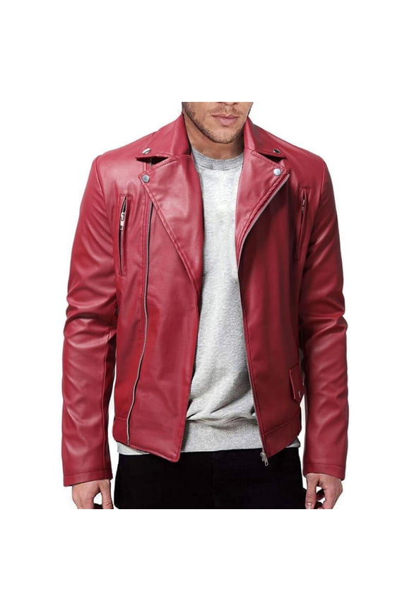 Mens Winter Long-Sleeved Slim Fit PU Leather Outwear Jacket Motorcycle Black Biker Jackets Vintage Faux Leather Outwear Casual Lightweight Zip Coat Top Red