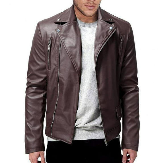 RYDCOT Mens Winter Long-Sleeved Slim Fit PU Leather Outwear Jacket Motorcycle Black Biker Jackets Vintage Faux Leather Outwear Casual Lightweight Zip Coat Top Brown