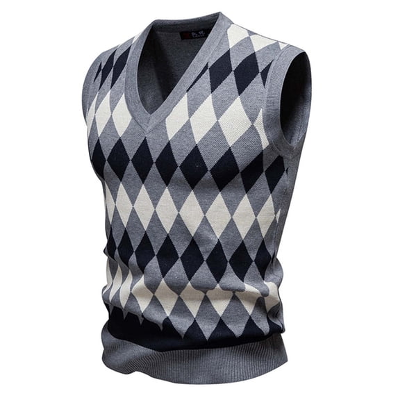 RYDCOT Mens Winter Striped British Style Elastic Knitwear Vest V Neck Sleeveless Casual Slim Fit Pullover Knitted Sweater Gray