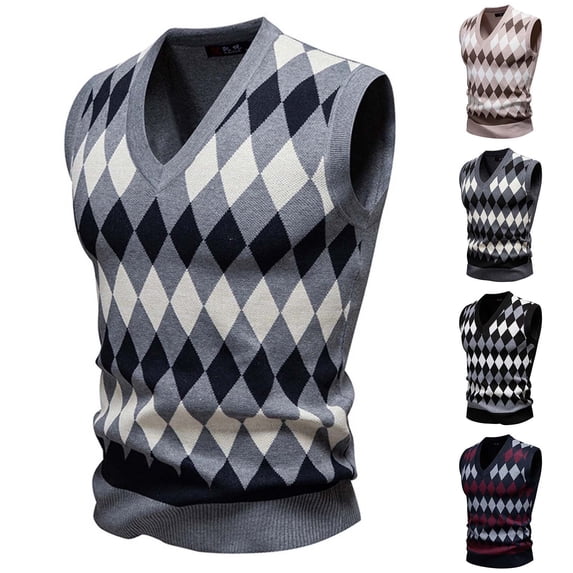 RYDCOT Mens Winter Striped British Style Elastic Knitwear Vest V Neck Sleeveless Casual Slim Fit Pullover Knitted Sweater Wine