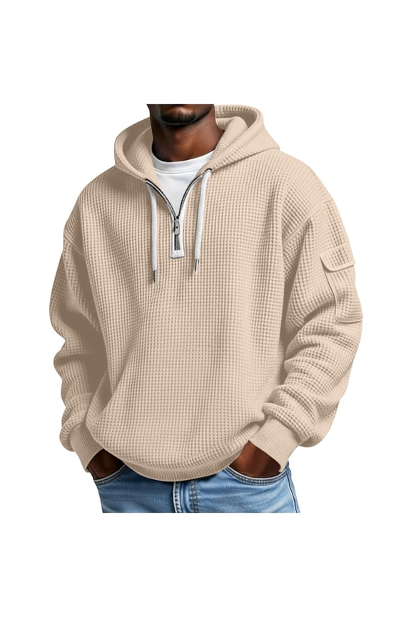 Mens Zip up Hoodie - Super Soft Performance Fleece Waffle Sweatshirts for Men - Warm Athletic Hoodies for Running Walking Gym Beige