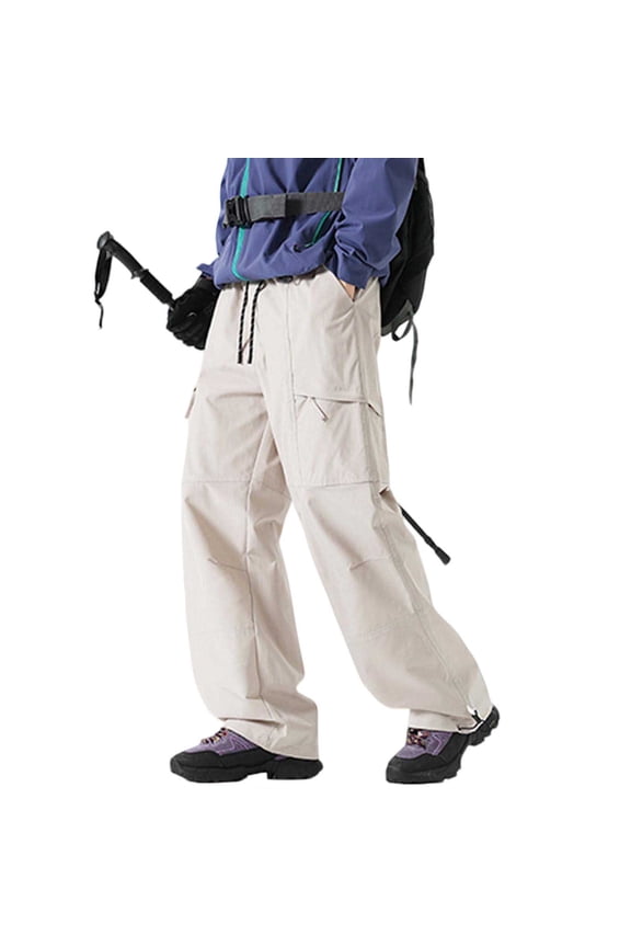 Mens's Baggy Cargo Pants Casual Parachute Pants Loose Fit Hip Hop Lightweight Outdoor Water Resistant Hiking Pants with Zipper Pockets Beige