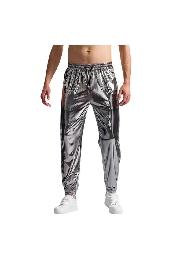 Metallic Shiny Disco Pants for Men, 70s/80s Party Rave Night Club Satin Pants, Vintage Cosplay Straight Leg Trousers Comfort Sweatpants Dance Party Elastic Trousers Gray