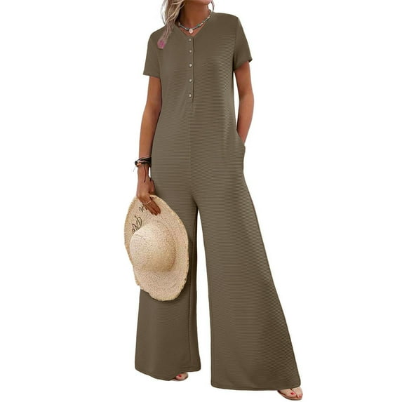 RYDCOT One Piece Jumpsuits for Women Casual Striped Short Sleeve Jumpsuits Rib Knit Wide Leg Romper Comfy Button Down Rompers with Pockets Flash Deals Brown