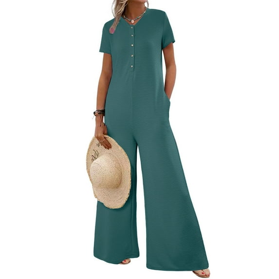 RYDCOT One Piece Jumpsuits for Women Casual Striped Short Sleeve Jumpsuits Rib Knit Wide Leg Romper Comfy Button Down Rompers with Pockets Sales Light Blue