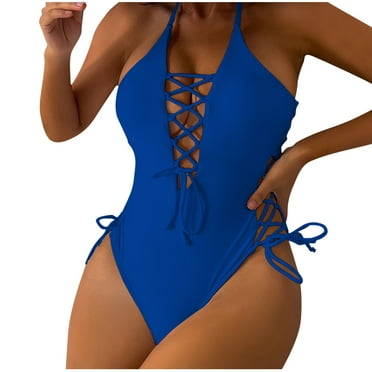RYDCOT One Piece Swimsuit Women High Cut Lace Up One Piece Swimwear Deep Plunge V Neck High Cut Bathing Suits Halter Swimsuits for Women Vintage Clearance