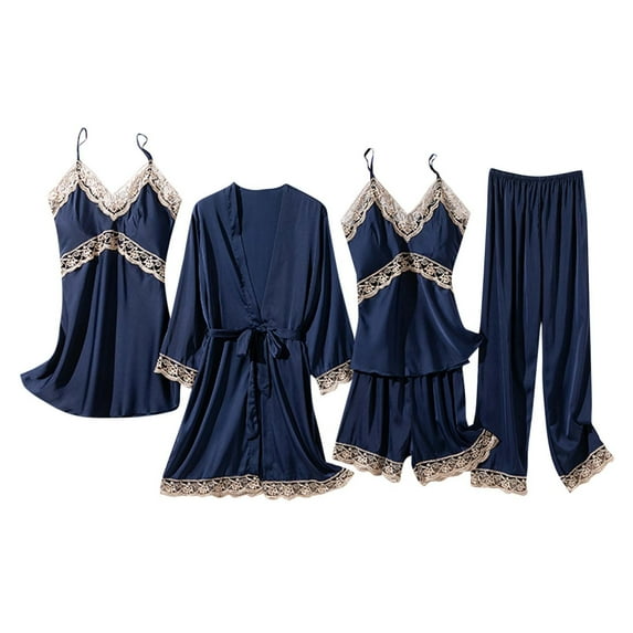 RYDCOT Pajama Sets for Women Satin 5pcs Lace Trim Cami Sleepwear with Robe Nightdress for Women Pajamas Loungewear for Women 5 Piece Set or