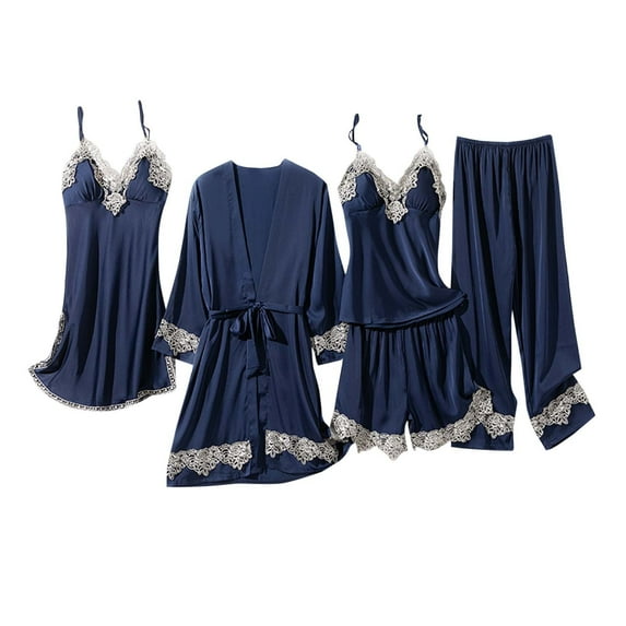 RYDCOT Pajama Sets for Women Satin 5pcs Lace Trim Cami Sleepwear with Robe Nightdress for Women Pajamas Loungewear for Women 5 Piece Set Sale