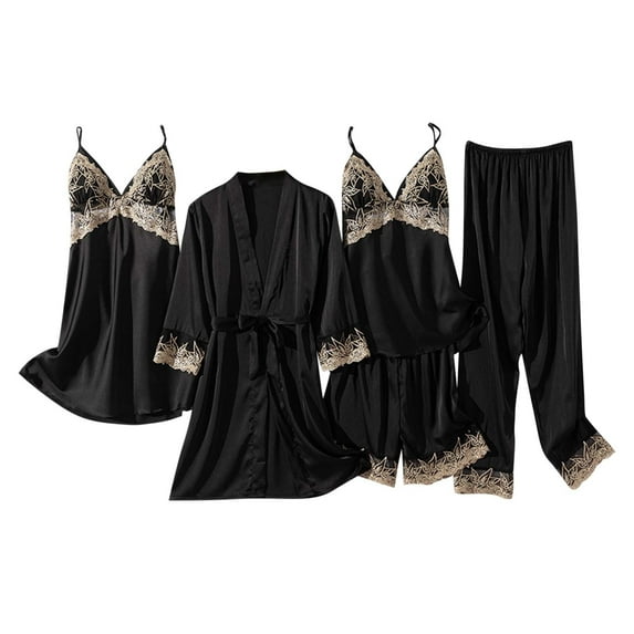 RYDCOT Pajama Sets for Women Satin 5pcs Lace Trim Cami Sleepwear with Robe Nightdress for Women Pajamas Loungewear for Women 5 Piece Set