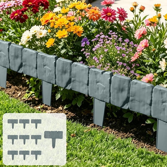 RYDCOT Plastic Garden Edging Stone-Look Border, Decorative Flower Bed Fence for Landscaping, Interlocking Lawn Stakes (10 Pcs)