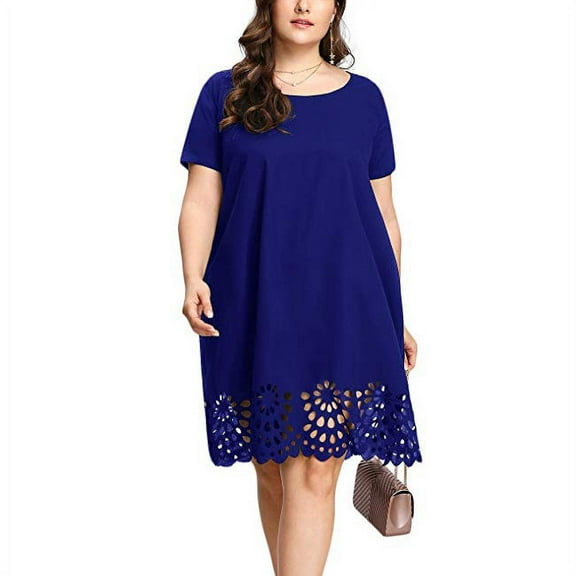 RYDCOT Plus Size Fashion Women Solid Short Sleeve O-Neck Hollow Out Casual Dress Blue XL