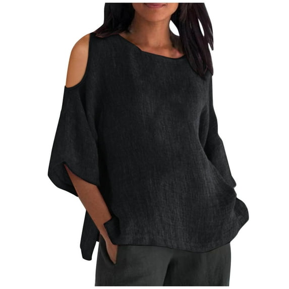 RYDCOT Plus Size Tops for Women Summer 2025 Imitation Cotton Linen Shirt Cold Shoulder 3/4 Sleeve Tops Casual Round Neck Blouse Tunic Tshirt Sales Black