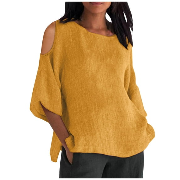 RYDCOT Plus Size Tops for Women Summer 2025 Imitation Cotton Linen Shirt Cold Shoulder 3/4 Sleeve Tops Casual Round Neck Blouse Tunic Tshirt Today Deals Yellow