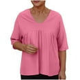 thumbnail image 1 of RYDCOT Plus Size Tops for Women Summer 2025 Mid Sleeve Imitation Cotton Linen Shirts Solid Pleated V-Neck Asymmetrical Hem Tunic Shirts Loose Fit Pink, 1 of 7