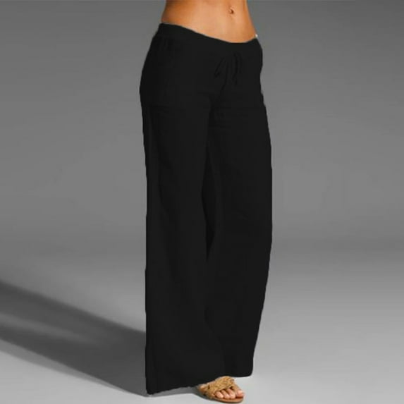 RYDCOT Plus Size Women Pants Clearance Women Casual Solid Cotton Linen Elastic Waist Drawstring Long Wide Leg Pants Flash Picks Black