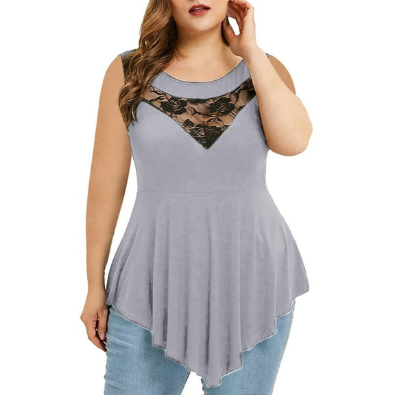 RYDCOT Plus Size Women Solid Floral Lace O-Neck Asymmetric Sleeveless Tops Blouse Gray XXXXXL