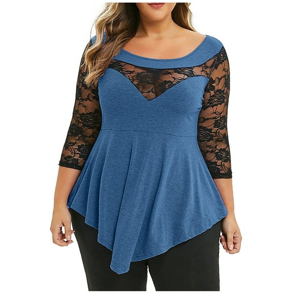 RYDCOT Plus Size Women Solid Floral Lace O-Neck Asymmetric Three Quarter Tops Blouse Blue XL