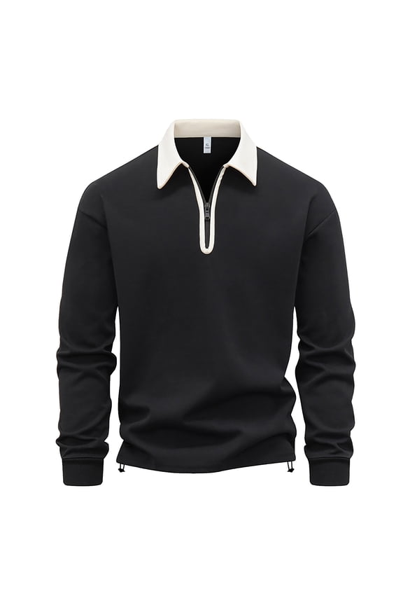Preppy Style Long Sleeve Polo Shirts for Men for Golf, Soft Zip up Sweatshirt for Men, Polo Quarter Zip Pullover Black