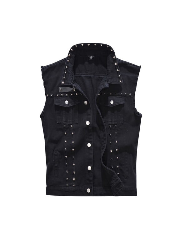 Punk Denim Vest Men Lapel Sleeveless Slim Fit Retro Ripped Casual Jean Vest with Rivets Black