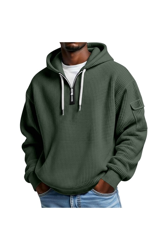 Quarter Zip Hooded Sweatshirts Big and Tall Waffle Hoodies for Men Streetwear Warm Long Sleeve Pullover Workout Jackets 5XL Army Green