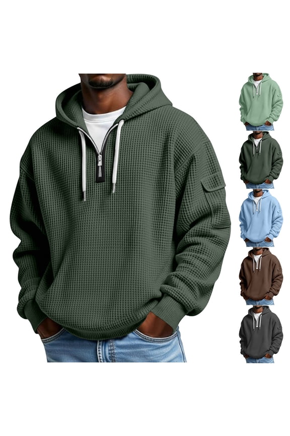 Quarter Zip Hooded Sweatshirts Big and Tall Waffle Hoodies for Men Streetwear Warm Long Sleeve Pullover Workout Jackets 5XL Green