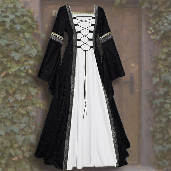 RYDCOT Renaissance Dress Women Medieval Dress Fashion Women Patchwork Casual Vintage Floor Length Cosplay Gothic Dress Elegent Dress Sale or Clearance Black