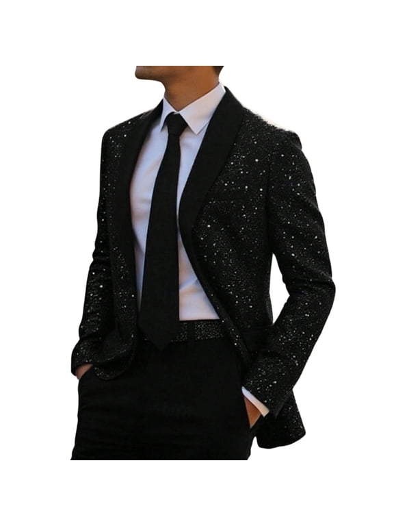 Sequin Blazer Sparkle Suit Disco Prom Dress Jacket Party Shiny Tuxedo Banquet Celebration Fashion One Button Sport Coat for Mens Adult Black