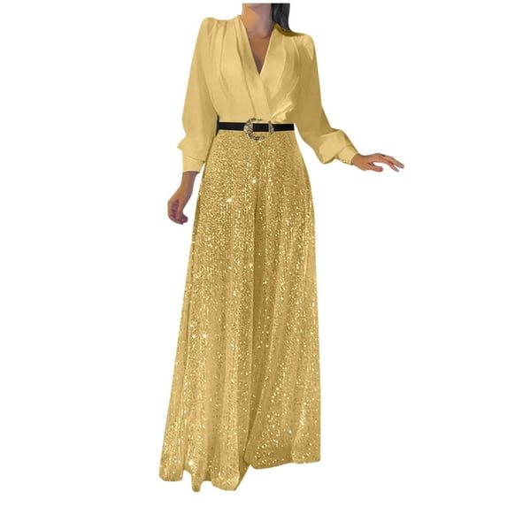 RYDCOT Sequin Jumpsuits for Women Dressy formal Long Sleeve V- Sleeve Pantsuits Evening Party Outfits Wide Leg Pants High Waisted Trouser Suit on Clearance