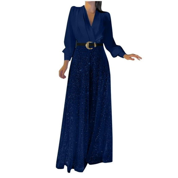 RYDCOT Sequin Jumpsuits for Women Dressy formal Long Sleeve V- Sleeve Pantsuits Evening Party Outfits Wide Leg Pants High Waisted Trouser Suit on Clearance