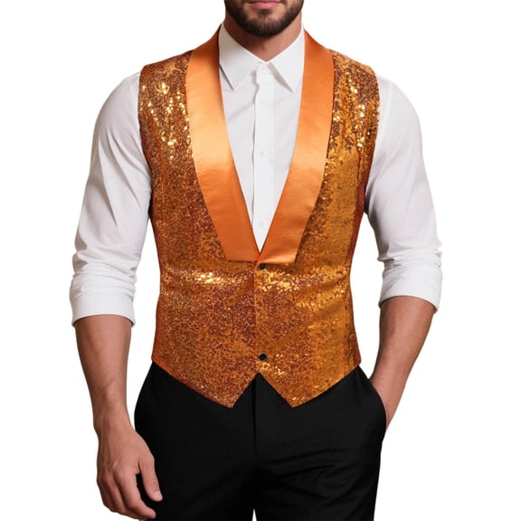 RYDCOT Sequins Vest for Men's V-Neck Slim Fit Shiny Disco Party Sleeveless Waistcoat for Party Prom Tuxedo formal Casual Orange