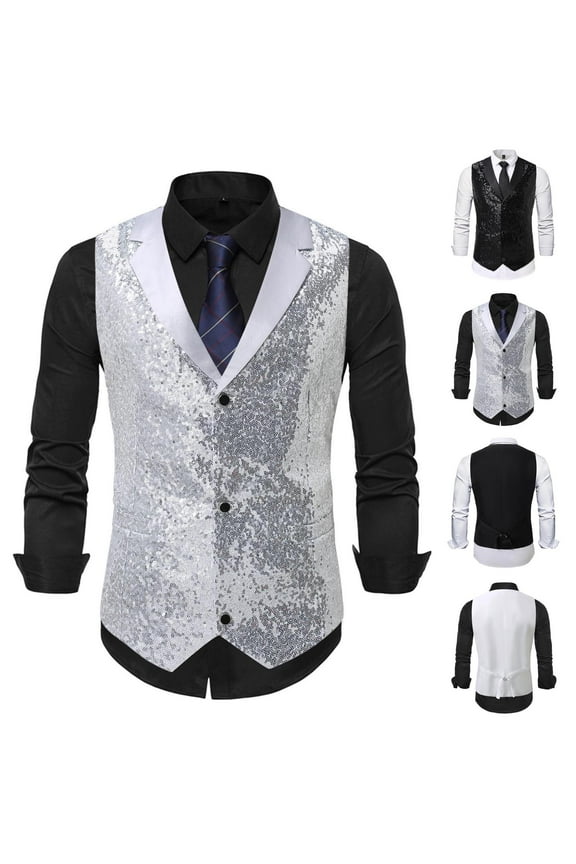 Sequins Vest for Men's formal/Leisure V-Neck Slim Fit Shiny Disco Party Sleeveless Waistcoat Prom Party Tuxedo Silver