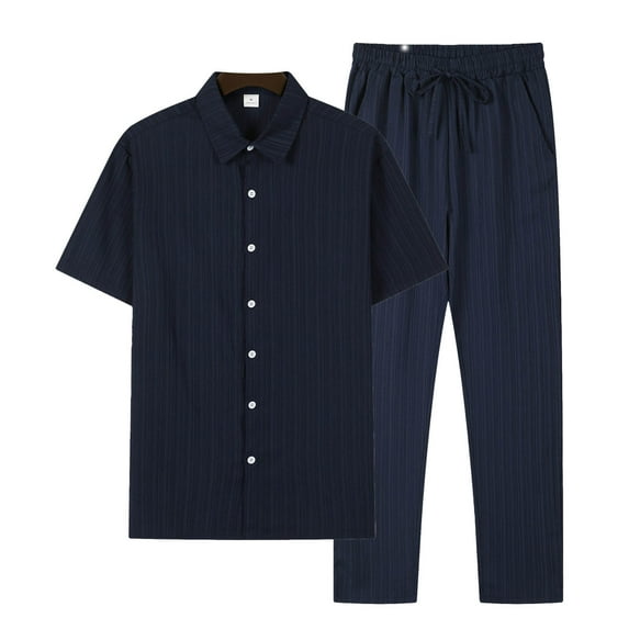 RYDCOT Sets for Men Button Down Casual Fashion Solid Color Shirt and Drawstring Elastic Waist Shorts Set 2 Piece Outfits Navy XL(XL)