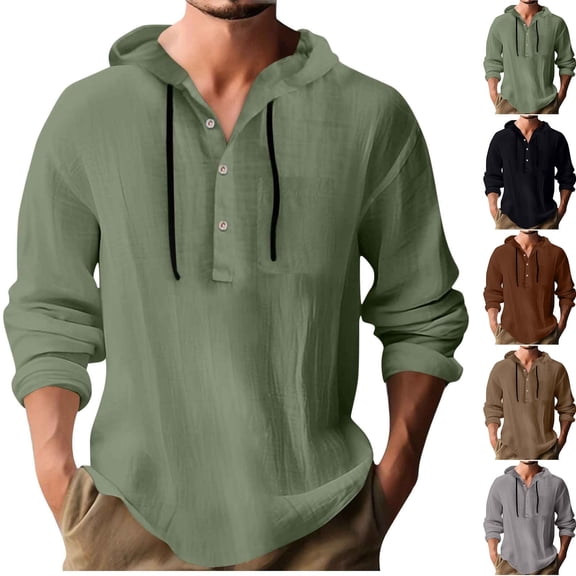 RYDCOT Shirts for Men Casual Button Shirts Summer Imitation Cotton Linen Hoodie Beach Long Sleeve Shirts Top with Hood Coffee