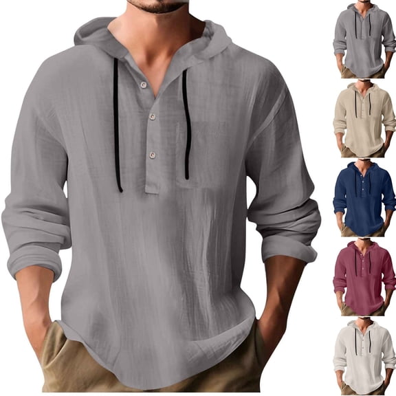 RYDCOT Shirts for Men Casual Button Shirts Summer Imitation Cotton Linen Hoodie Beach Long Sleeve Shirts Top with Hood White