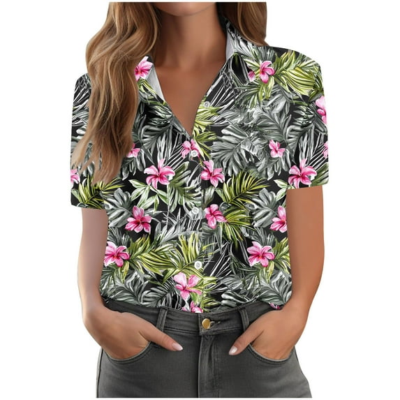 RYDCOT Short Sleeve Button Down Shirts for Women Trendy Print Blouses Turndown Collar Button Up Hawaiian Shirts Summer Beach Tops on Clearance Green