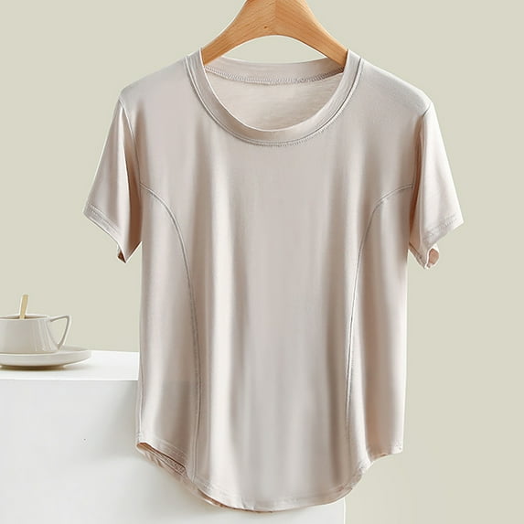 RYDCOT Short Sleeve Pajama Tops for Women Casual Solid Color Round-Neck T Shirt Summer Blouses Basic Tops for Woman Beige