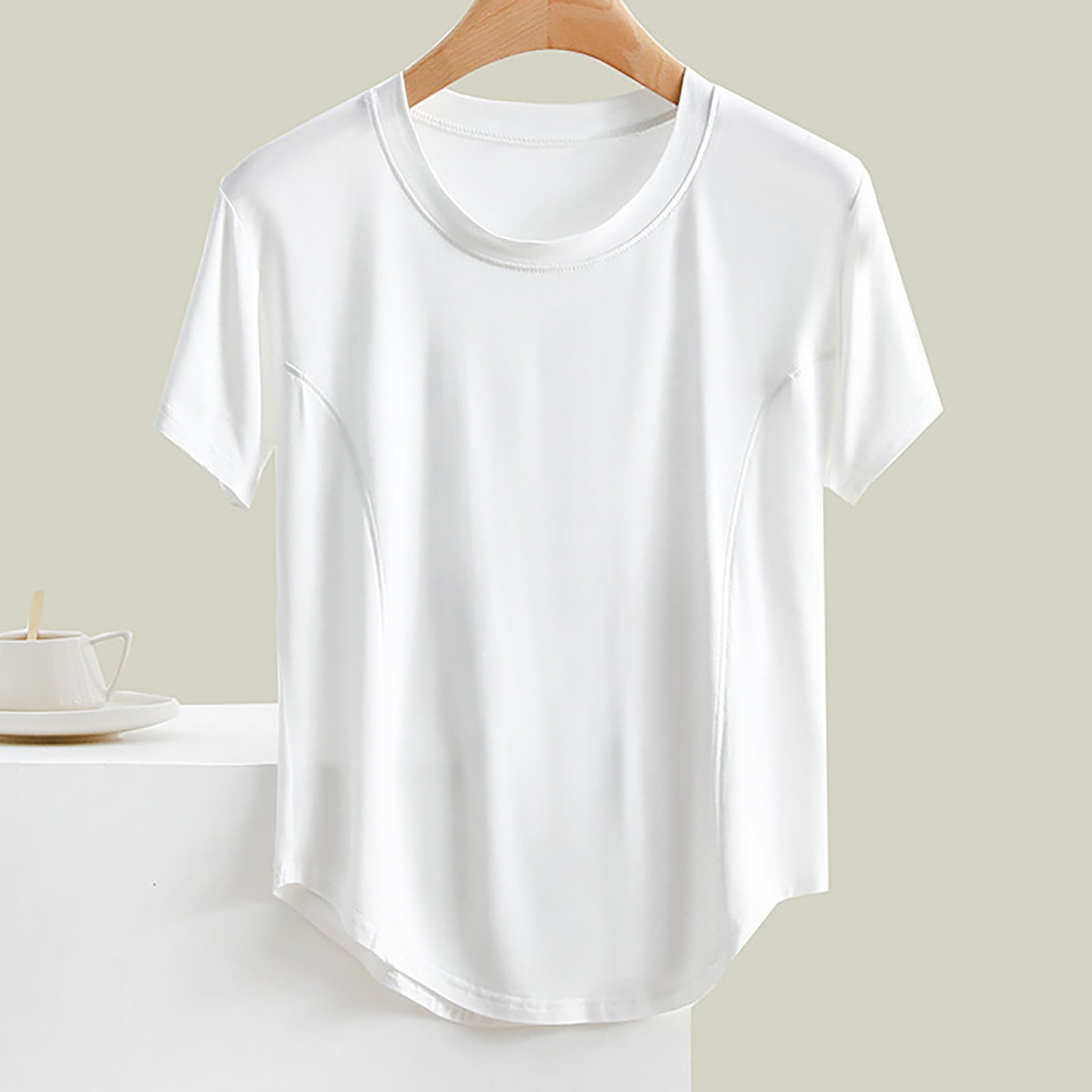 RYDCOT Short Sleeve Pajama Tops for Women Casual Solid Color Round-Neck ...