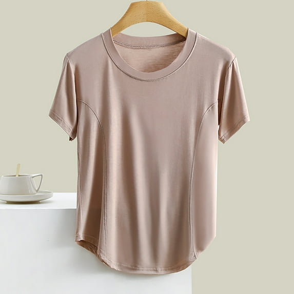 RYDCOT Short Sleeve Pajama Tops for Women Casual Solid Color Round-Neck T Shirt Summer Blouses Basic Tops for Woman Sale Brown
