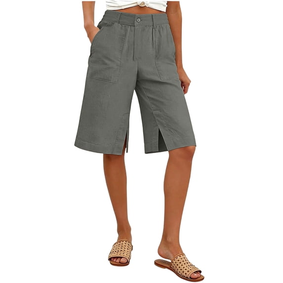 RYDCOT Shorts for Women Summer High Waisted Cotton Linen Dressy Casual Solid Color Wide Leg Slit Shorts Gray