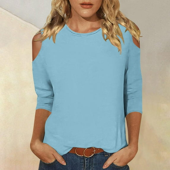 RYDCOT Summer Tops for Women 2024 3/4 Length Sleeve Womens Tops Cold Shoulder Crewneck Basic Tee Tops Shirts Tunic Tops Loose Fit Sky Blue