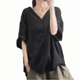 thumbnail image 1 of RYDCOT Spring Tops for Women Plus Size 2025 Imitation Cotton Linen Shirts Short Sleeve V Neck Loose Blouses Tunics or Tops to Wear with Leggings Sales Black, 1 of 3