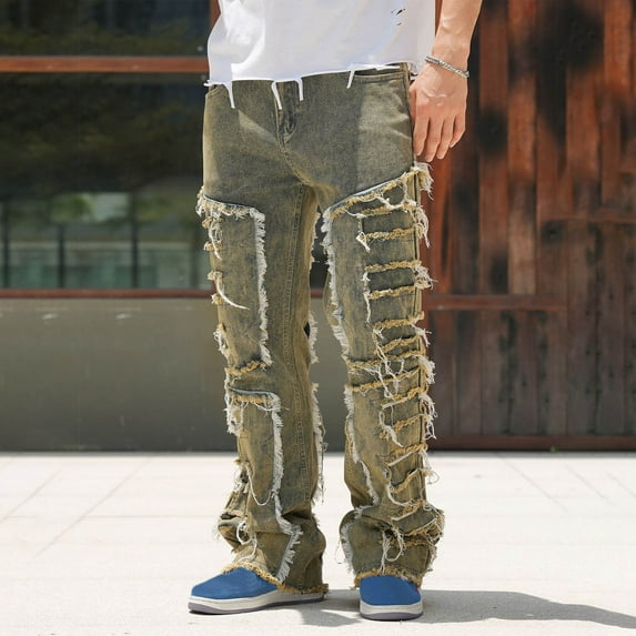 RYDCOT Stacked Jeans Men Risen Skinny Ripped Jeans Slim Fit Denim Pants Y2K Goth Harajuku Emo Jeans Trouser Coffee
