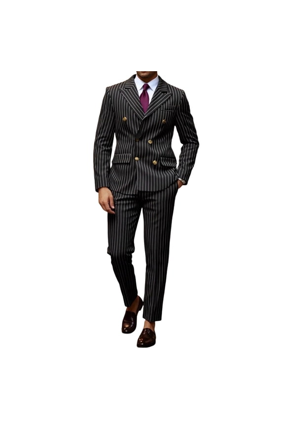Strip Suits for Men, 2 Piece Slim Fit Dress Suit with Double Breasted Blazer and Tuxedo Pants Black