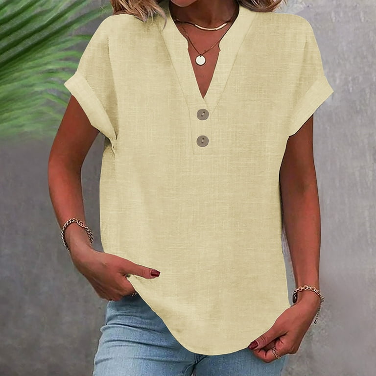 RYDCOT Summer 2024 Cotton Linen Shirts for Women Loose Fit Short Sleeve Solid Color Button V Neck Basic T Shirts Casual Tee Blouses Sale