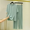 thumbnail image 1 of RYDCOT Summer 2024 Lounge Sets for Women 2 Piece Long Pants Solid Color Short Sleeve Round-Neck and Wide Leg Pants Sets Sleepwear Pajamas Sets or Green, 1 of 5
