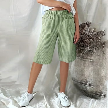 RYDCOT Summer 2024 Shorts for Women High Waisted Long Elastic Waist Striped Casual Shorts with Pockets Knee Length Bermuda Shorts Long Sale or Clearance Green