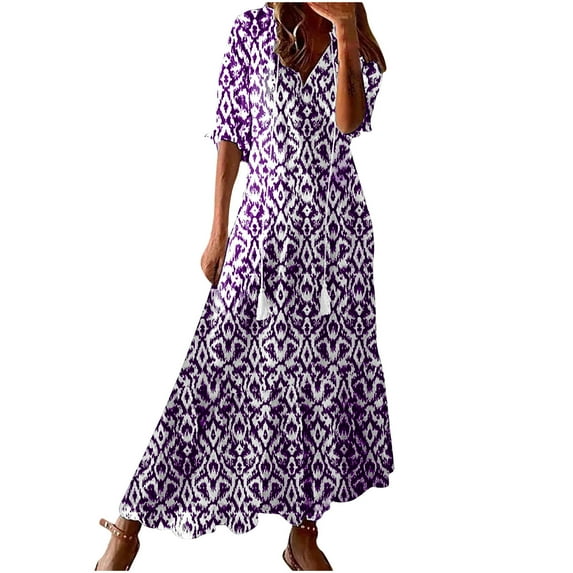 RYDCOT Summer Dresses for Women 2025 Beach Vacation Short Sleeve Boho Maxi Dresses Tassel V Neck Ruffle Flowy Wedding Guest Dresses Sun Dresses Today