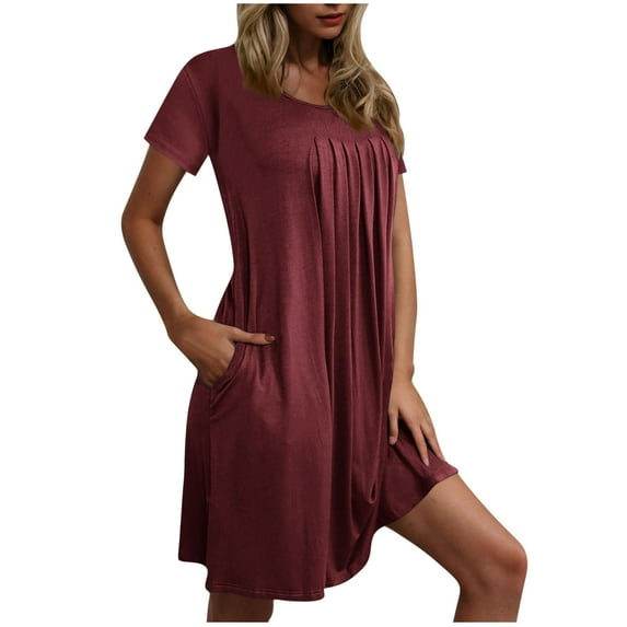 RYDCOT Summer Dresses for Women 2025 with Pockets Pleated Front Nightdress Sleep Tshirt Dress Short Sleeve Soft Comfy Nightgowns Pajama Dress Flash Wine