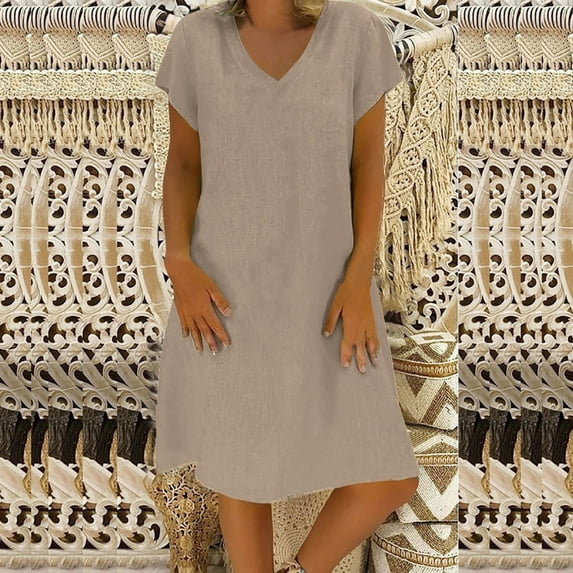 RYDCOT Summer Dresses for Women 2024 Vacation Cotton and Linen Dresses for Women Casual Short Sleeve V-Neck Knee-High Beach Dress Clearance Khaki