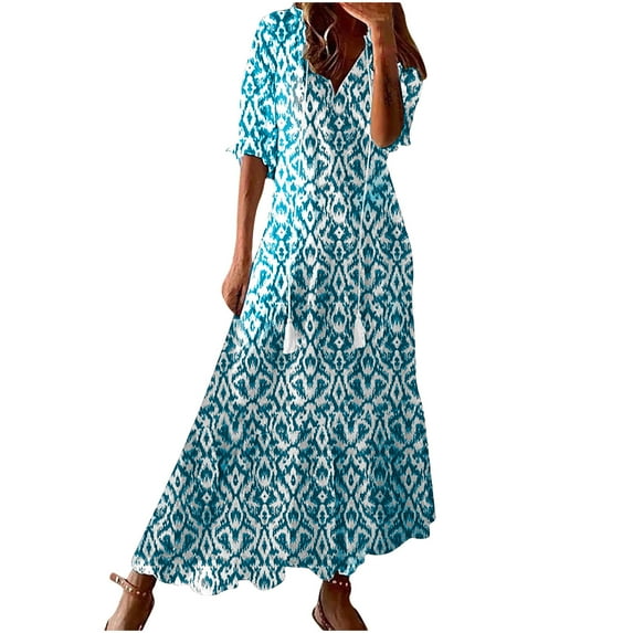 RYDCOT Summer Dresses for Women 2025 Beach Vacation Short Sleeve Boho Maxi Dresses Tassel V Neck Ruffle Flowy Wedding Guest Dresses Sun Dresses Sales